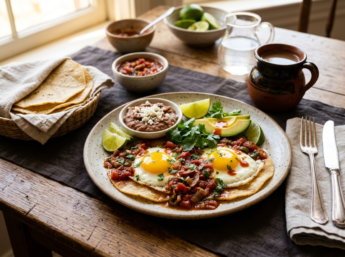 Huevos rancheros with charred salsa and warm tortillas