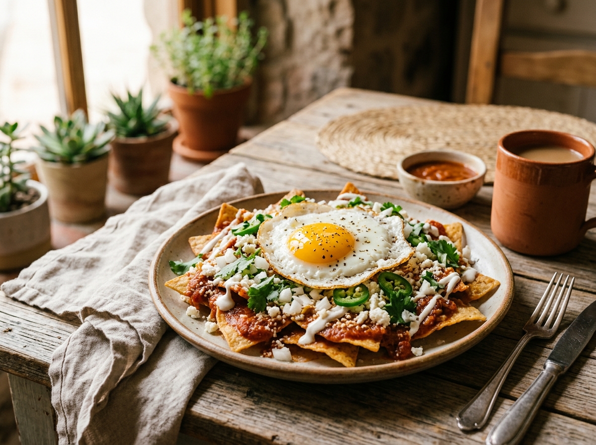Chilaquiles topped with fried egg and fresh herbs