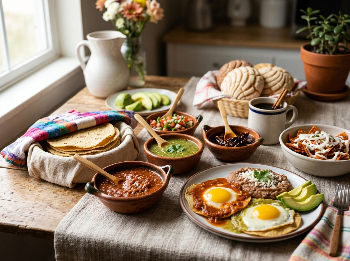 Traditional Mexican breakfast table with various salsas and warm tortillas