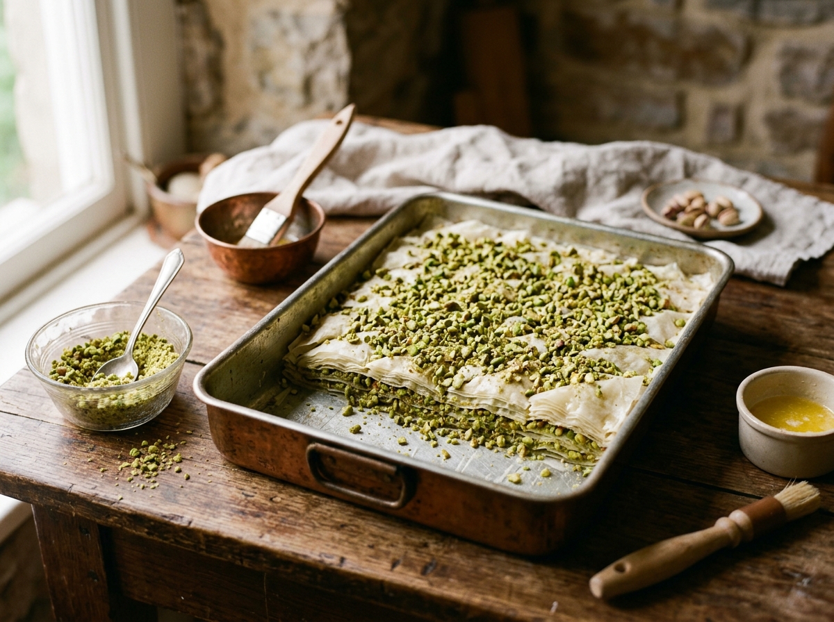 Layers of paper-thin phyllo with crushed pistachios ready for baking