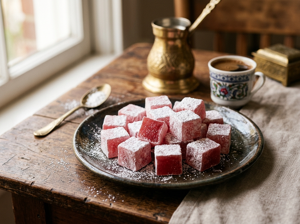 Cubes of rose-colored Turkish delight dusted with powdered sugar