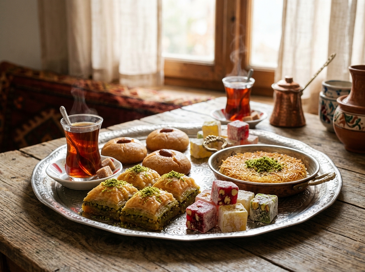 Various Turkish desserts arranged on silver tray with Turkish tea glasses