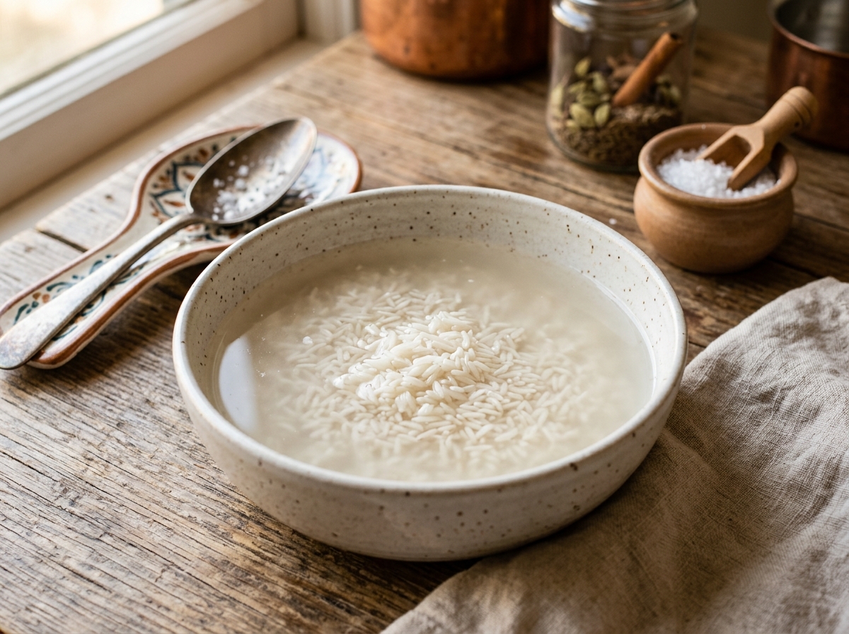Basmati rice soaking in salted water until grains turn opaque
