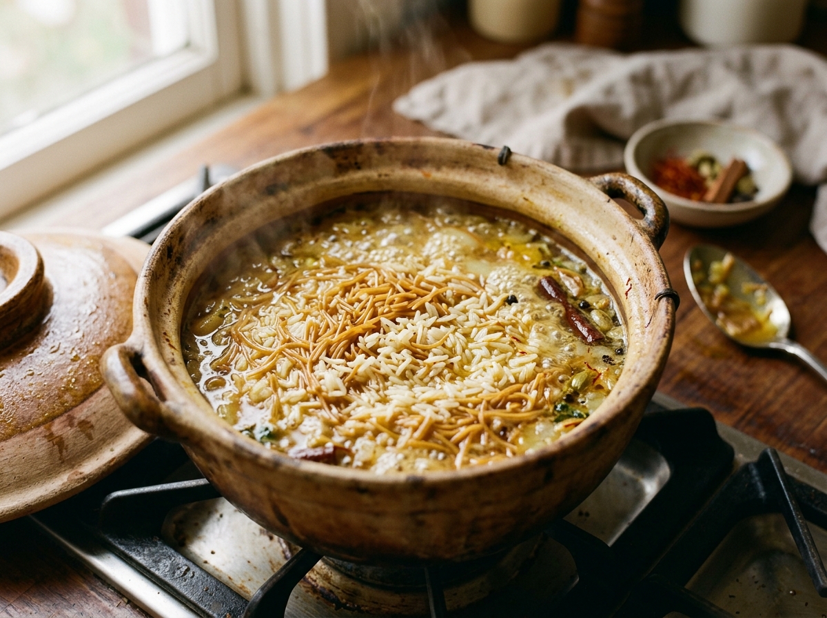 Golden vermicelli and basmati rice cooking together in aromatic broth
