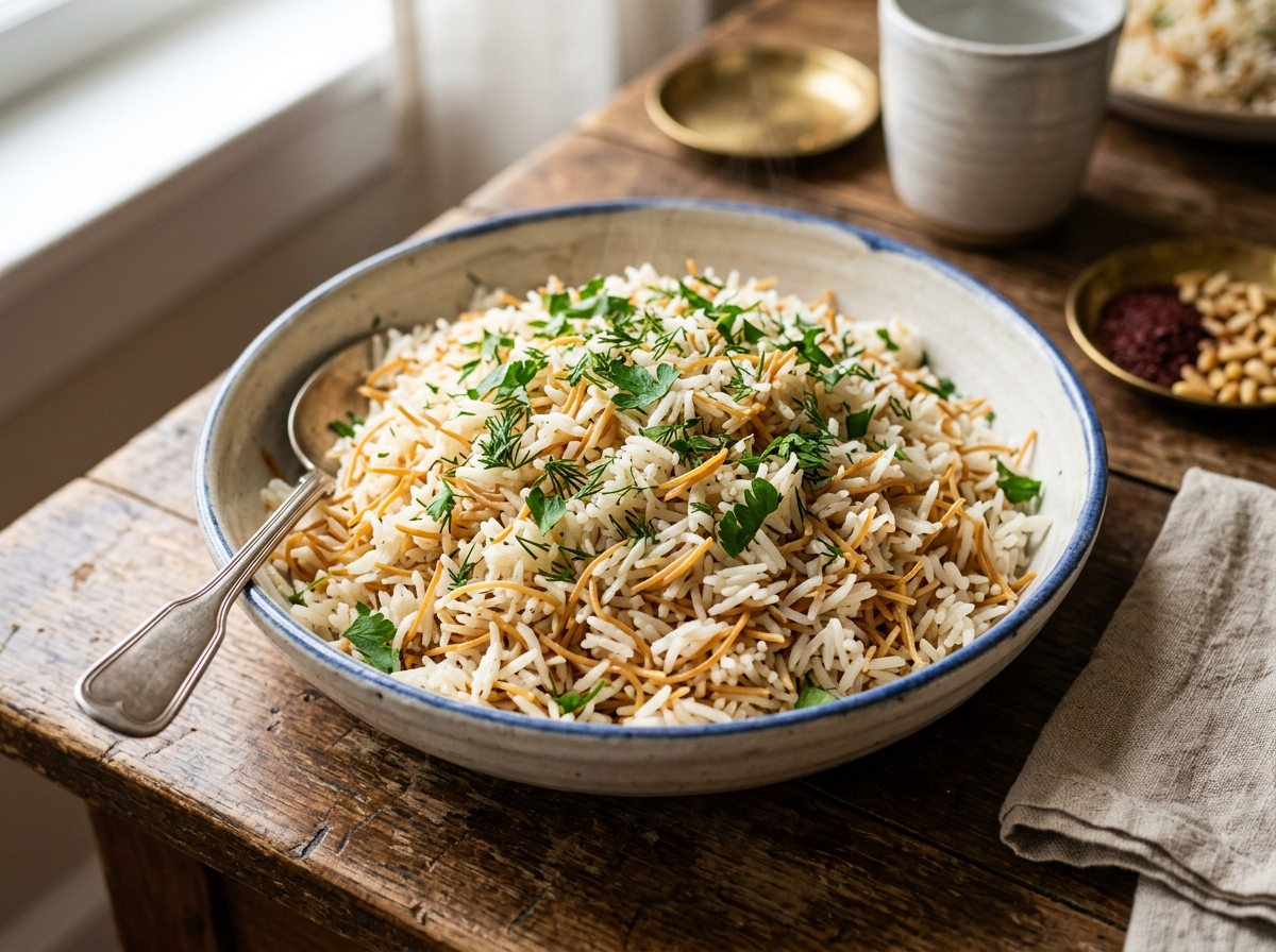 Perfectly fluffy pilaf with golden vermicelli and fresh herb garnish