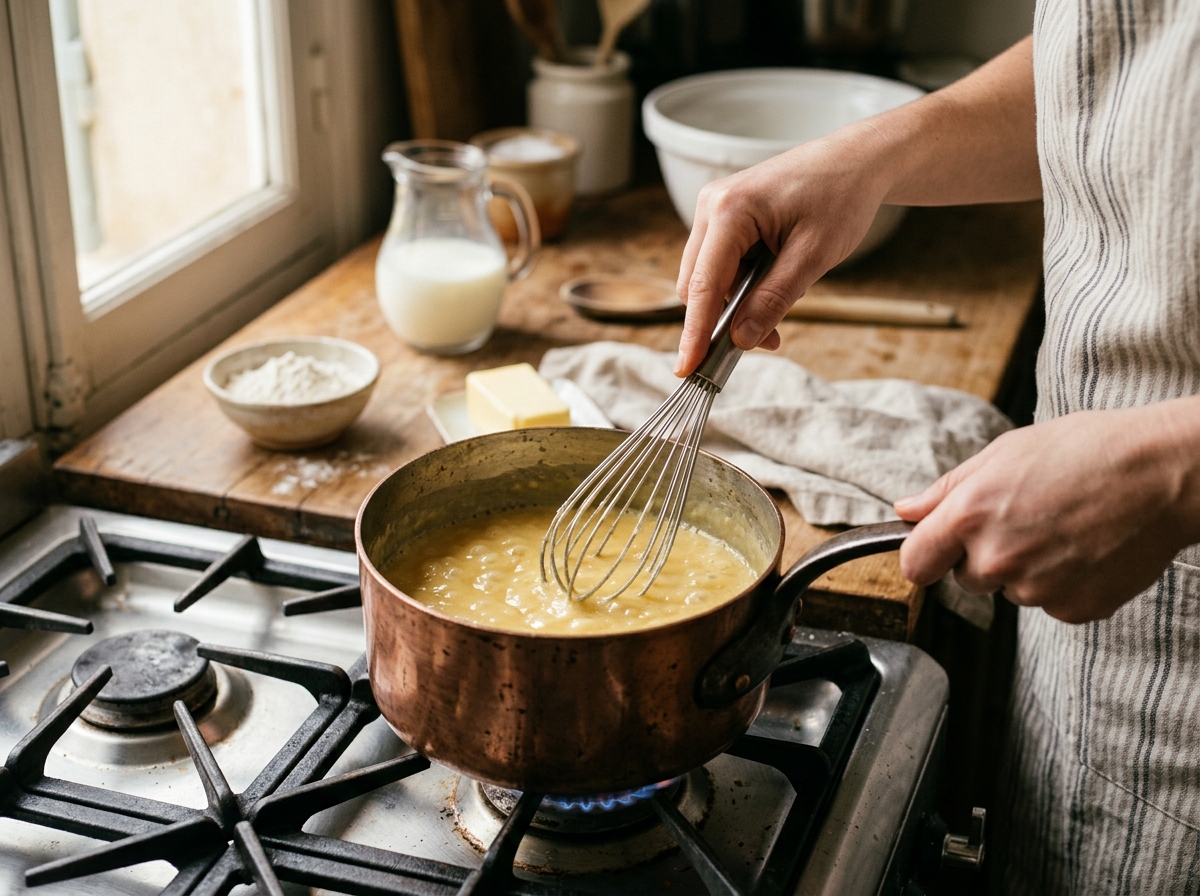 Whisking a blonde roux for the perfect béchamel base