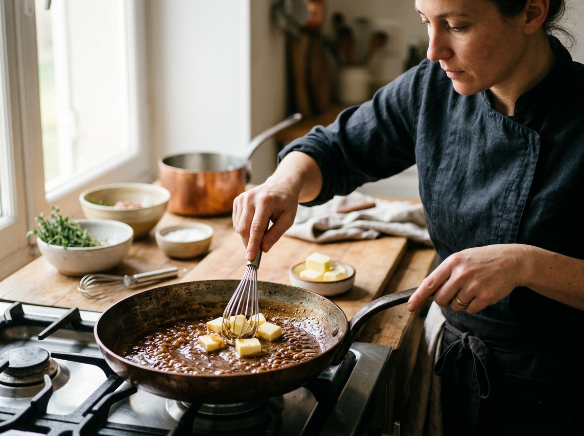 Chef mounting butter into a glossy pan sauce