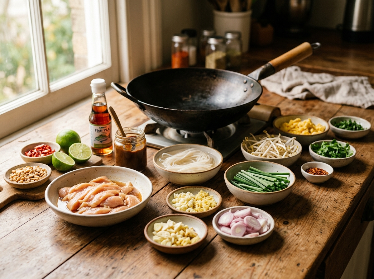 Ingredients prepped and ready for Thai stir-fry cooking