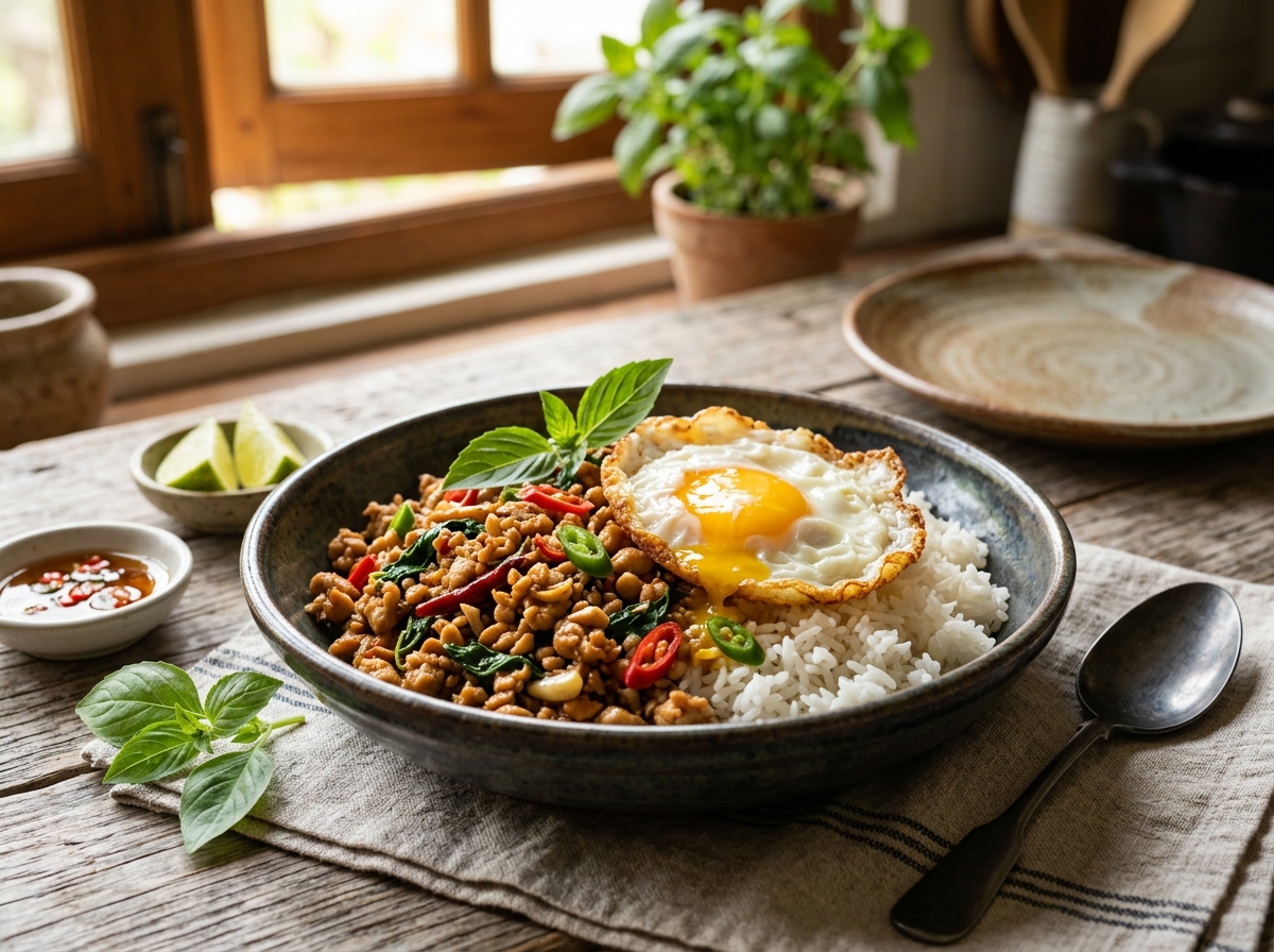 Thai basil chicken stir fry with fried egg over rice