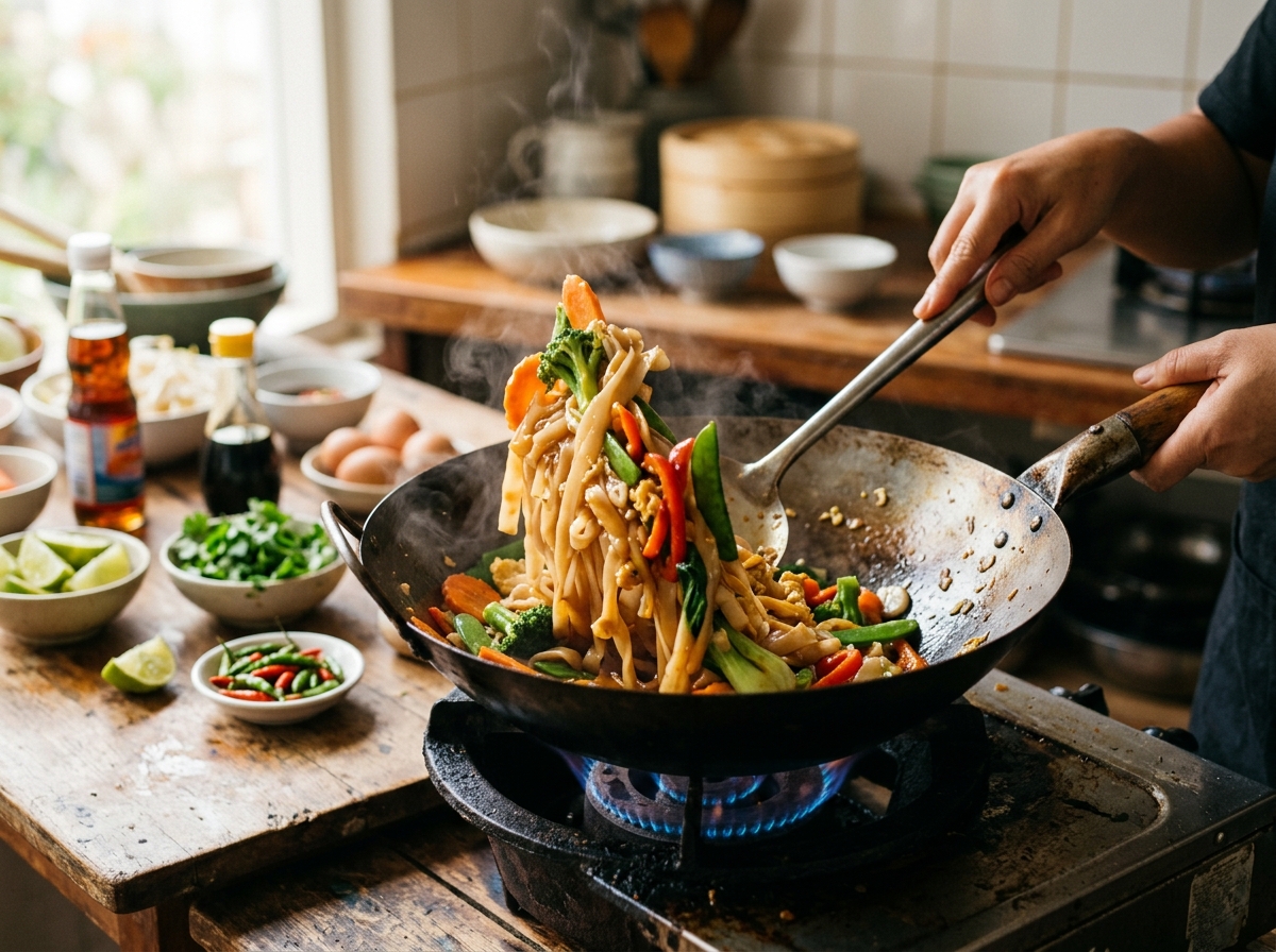Fresh rice noodles being stir-fried with vegetables