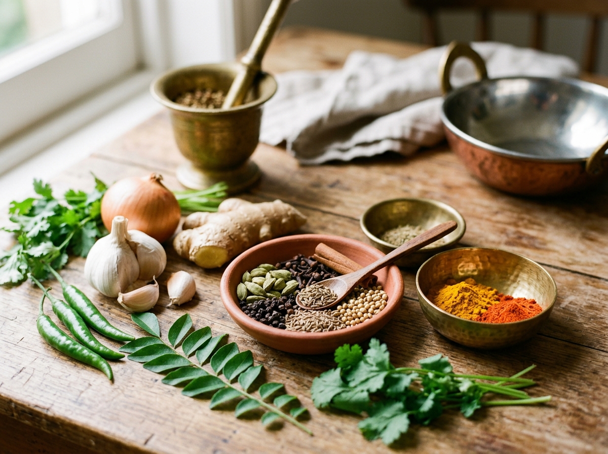 Fresh spices and aromatics ready for curry making