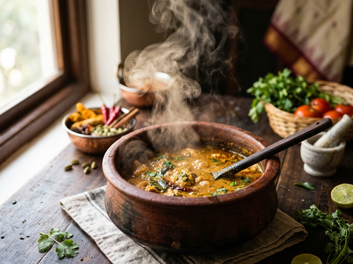 Traditional clay pot cooking aromatic curry with steam rising