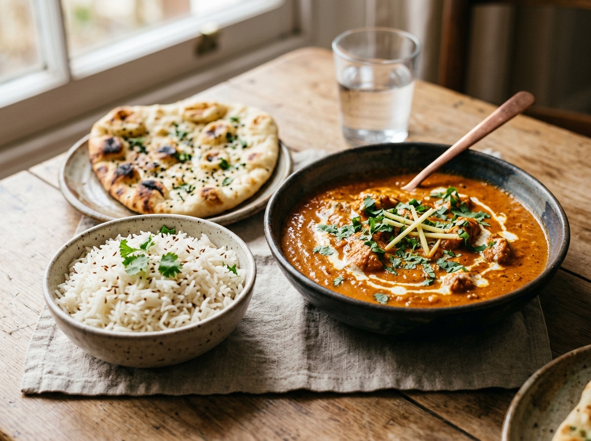Finished curry served with basmati rice and fresh naan bread