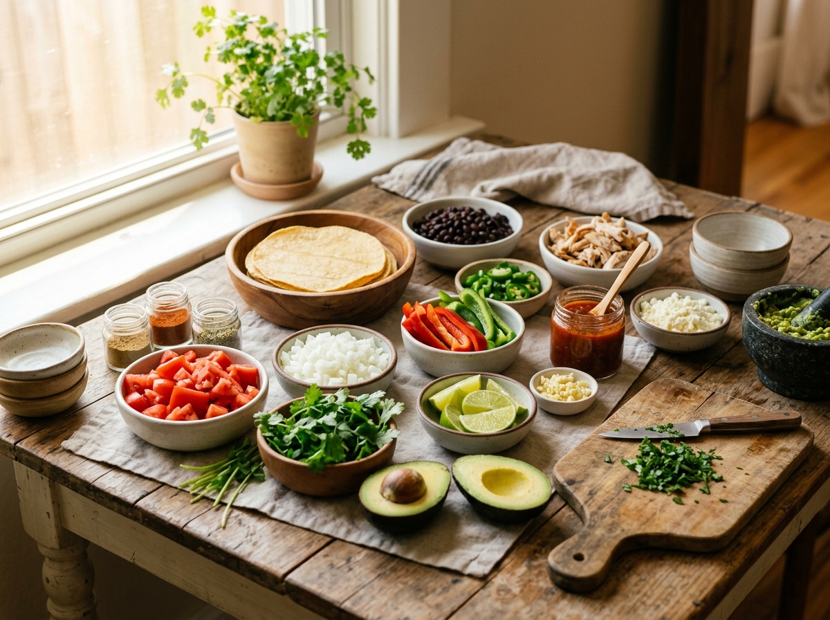 Fresh ingredients arranged for easy Mexican cooking prep