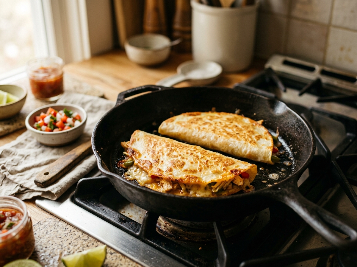 Golden quesadillas cooking in a cast iron skillet
