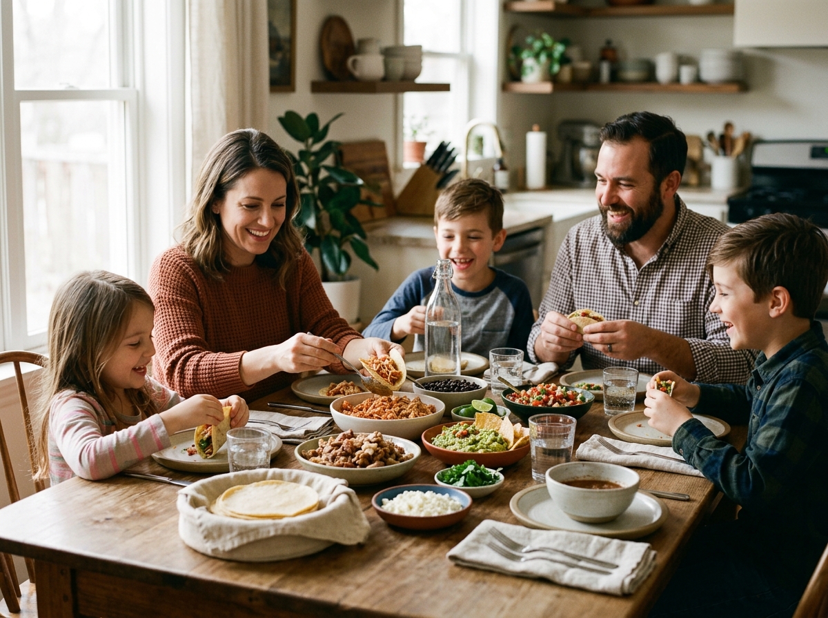 Family enjoying Mexican dinner around a dinner table