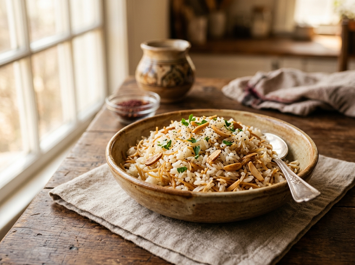 Traditional Turkish rice pilaf with golden vermicelli and toasted almonds