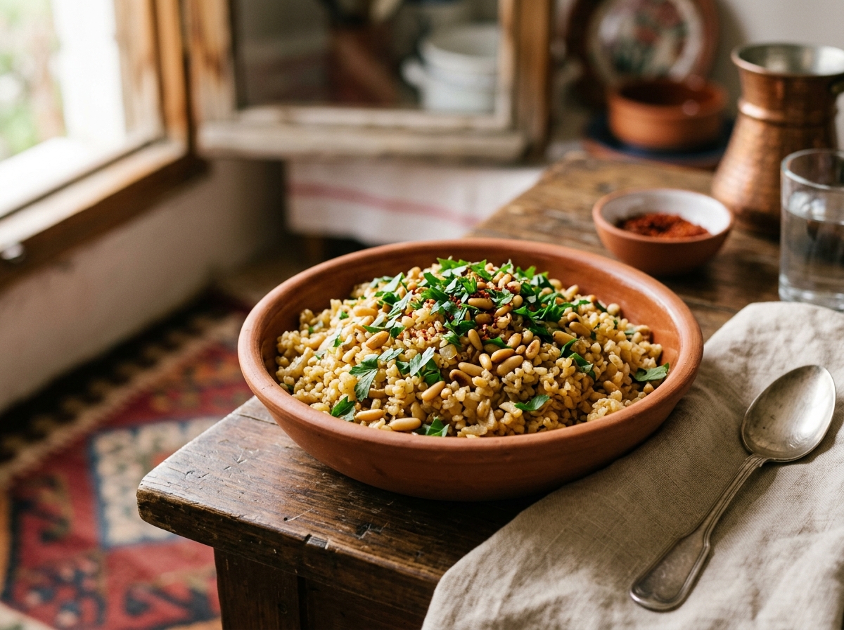 Bulgur pilaf with roasted pine nuts and fresh parsley ready to serve