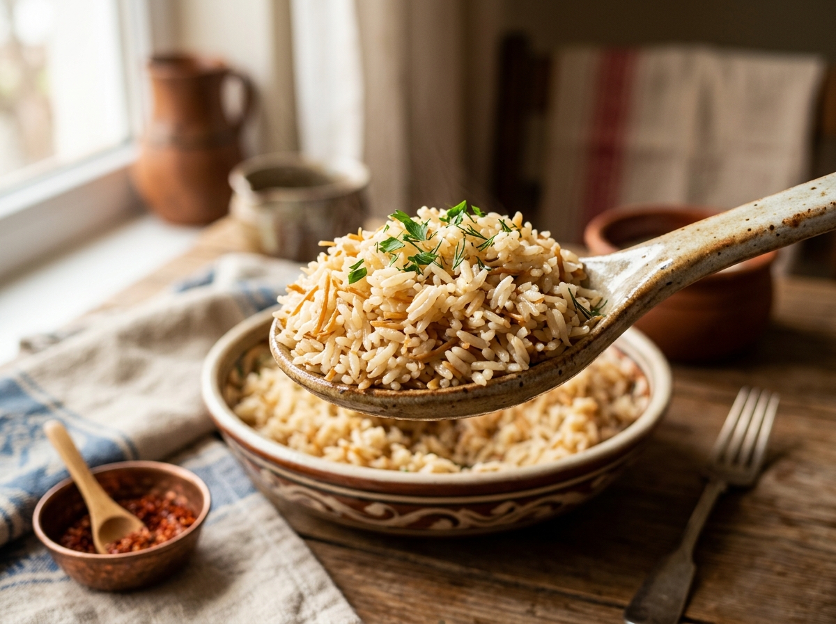 Perfect Turkish pilaf grains separated and fluffy in serving spoon