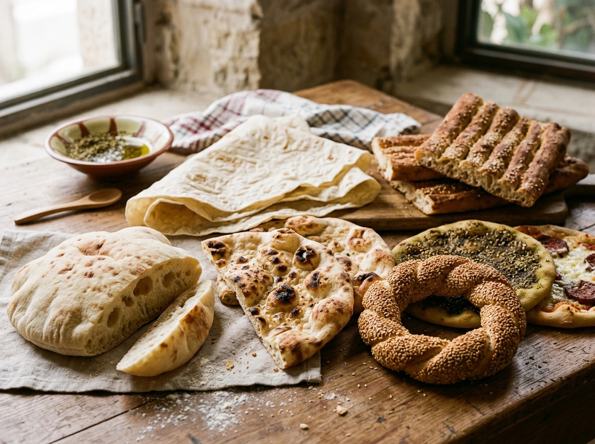Different Middle Eastern bread varieties showing texture contrasts