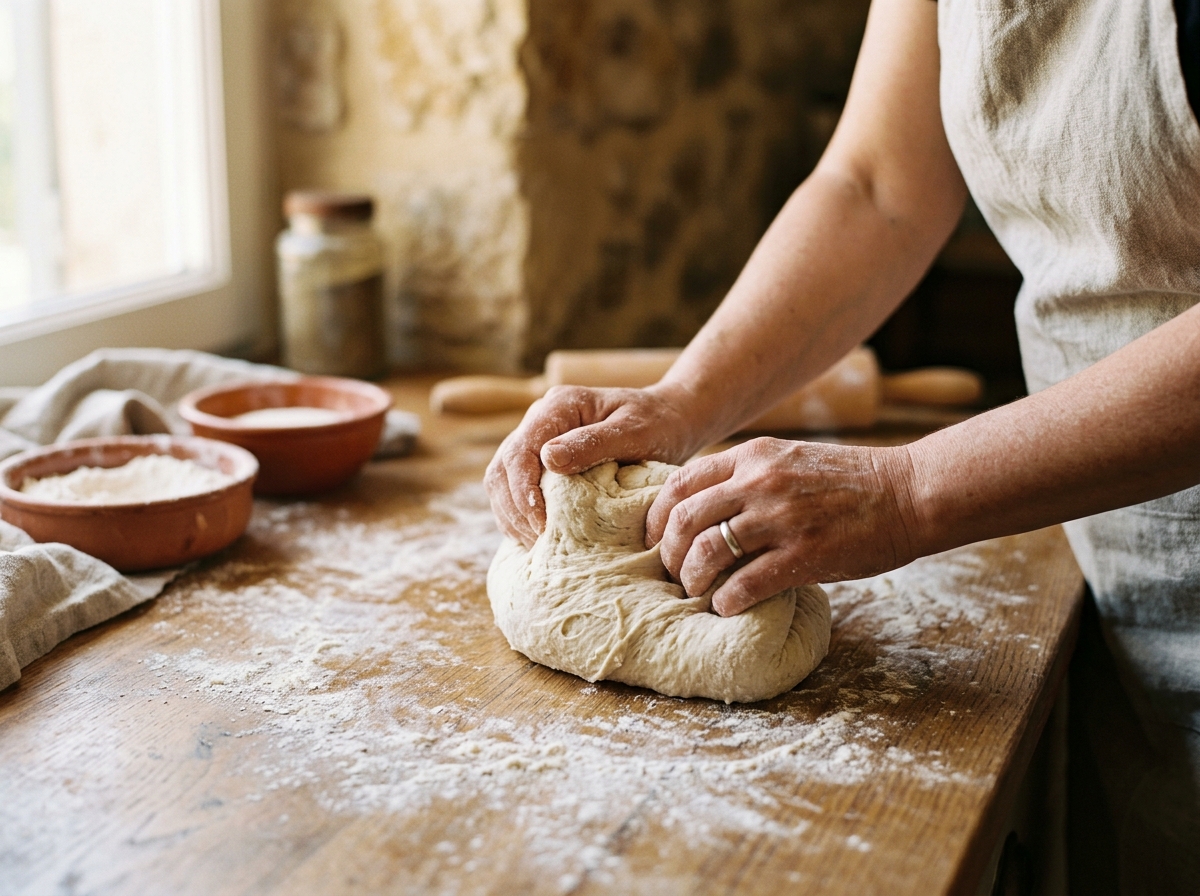 Hands kneading bread dough showing proper texture and consistency