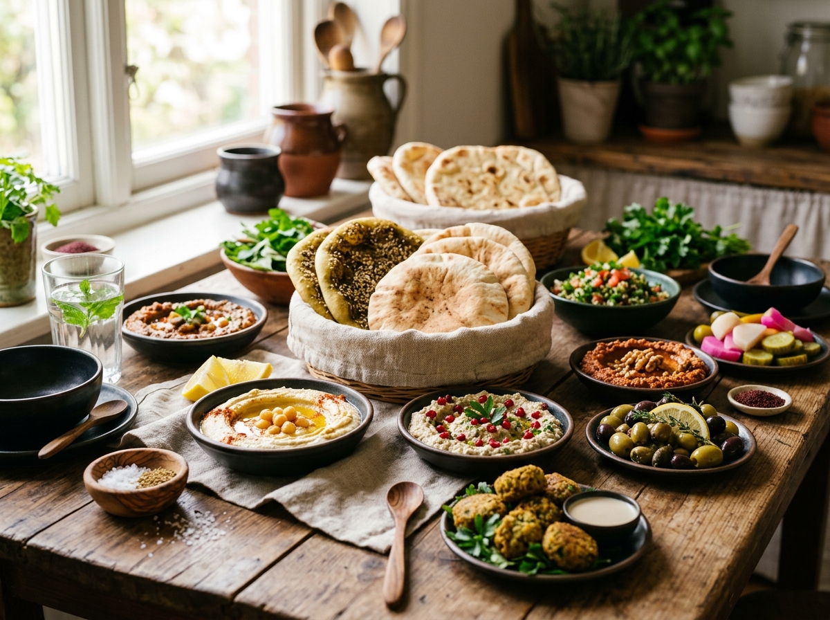 Traditional Middle Eastern bread service with mezze and dips