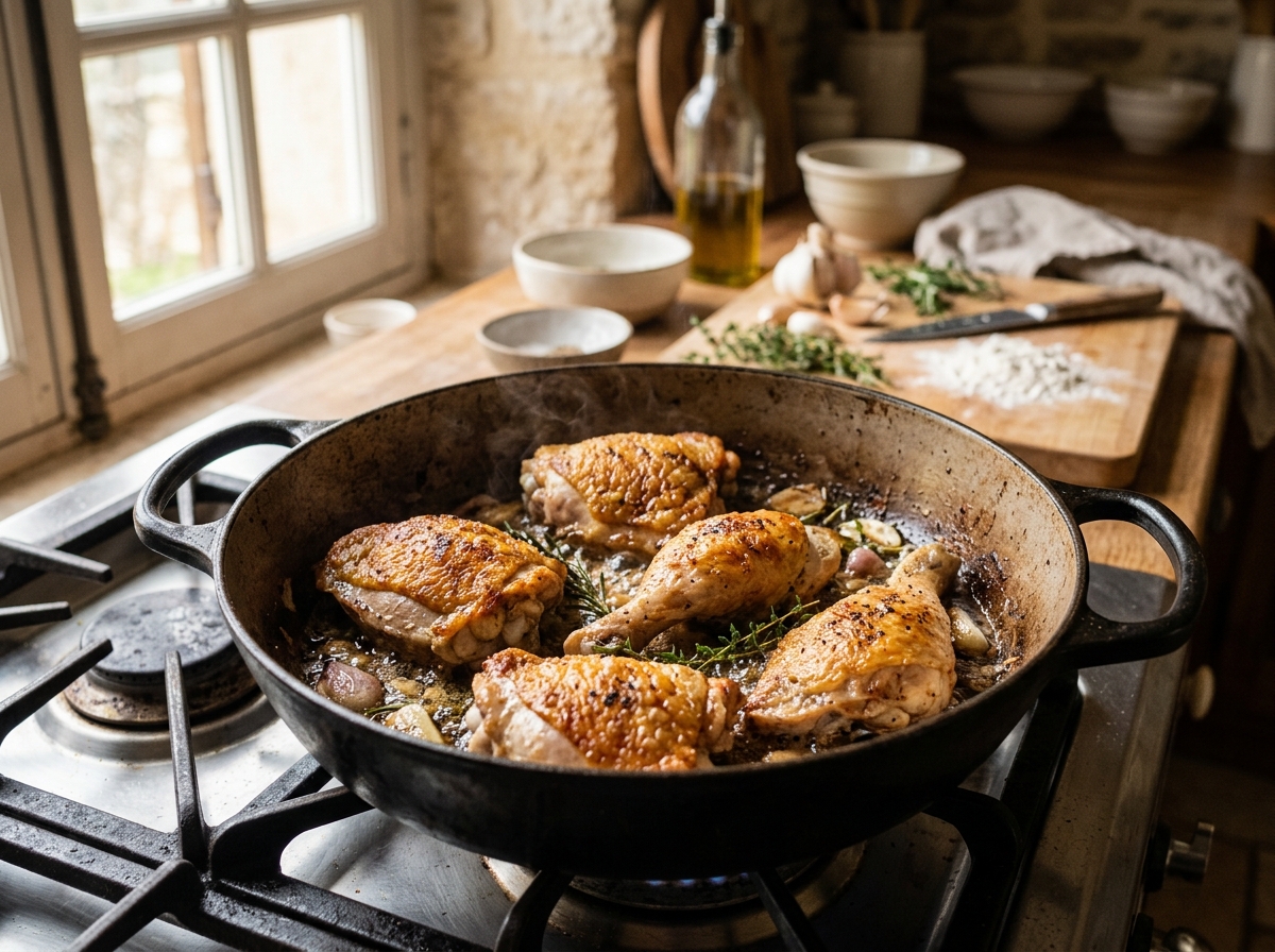 Chicken pieces browning in cast iron pot with golden skin