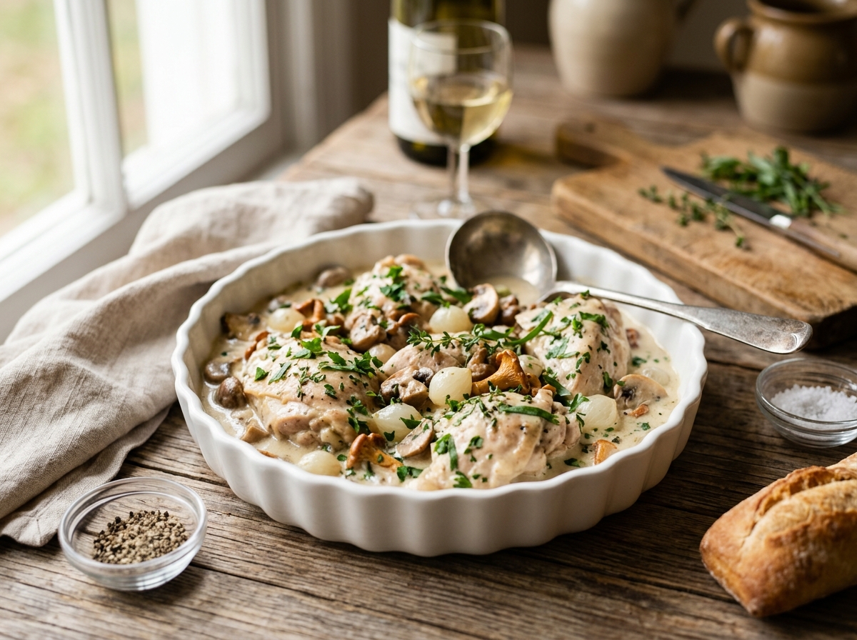 Creamy white chicken fricassee in elegant serving dish with fresh herbs