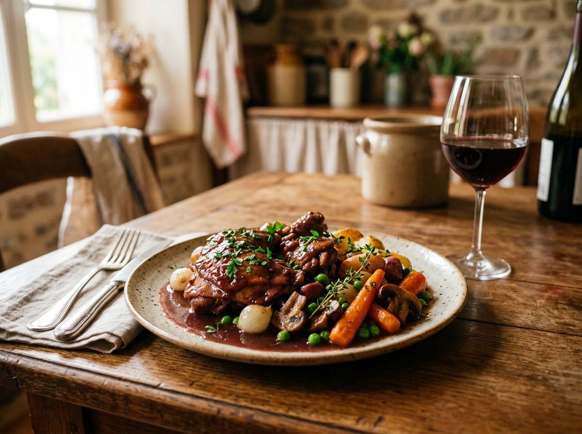 Plated French chicken dish with colorful vegetables and wine glass