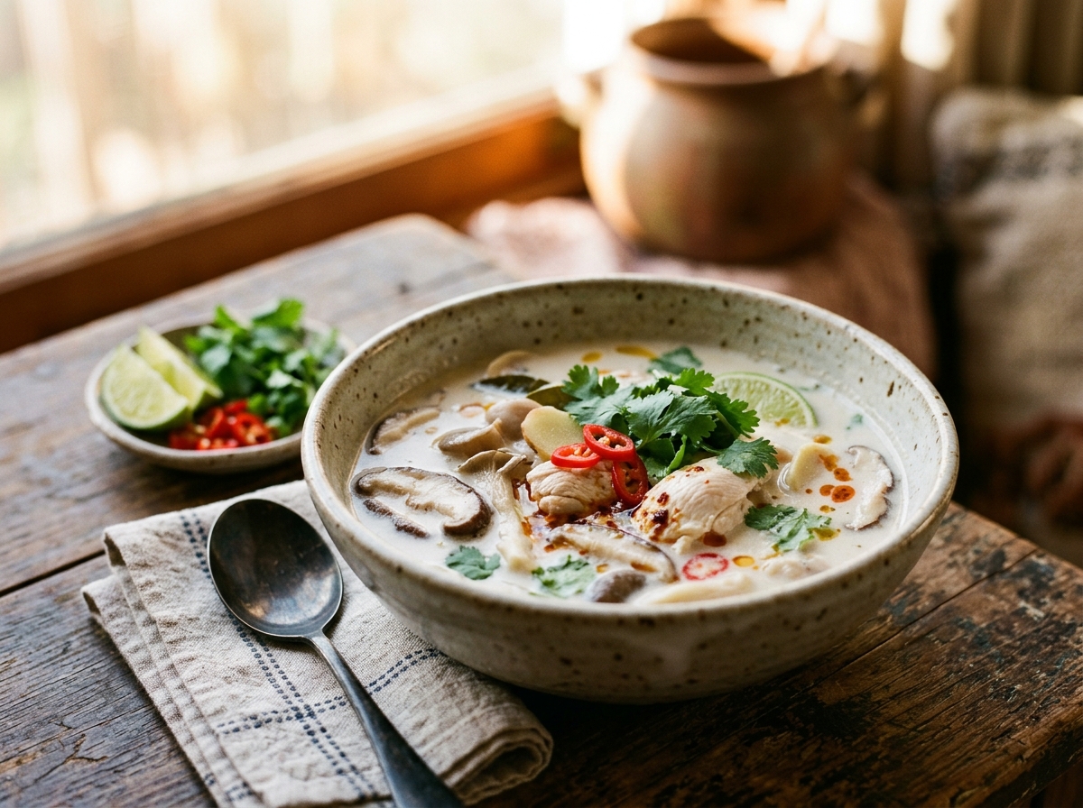 Creamy tom kha gai with chicken and mushrooms