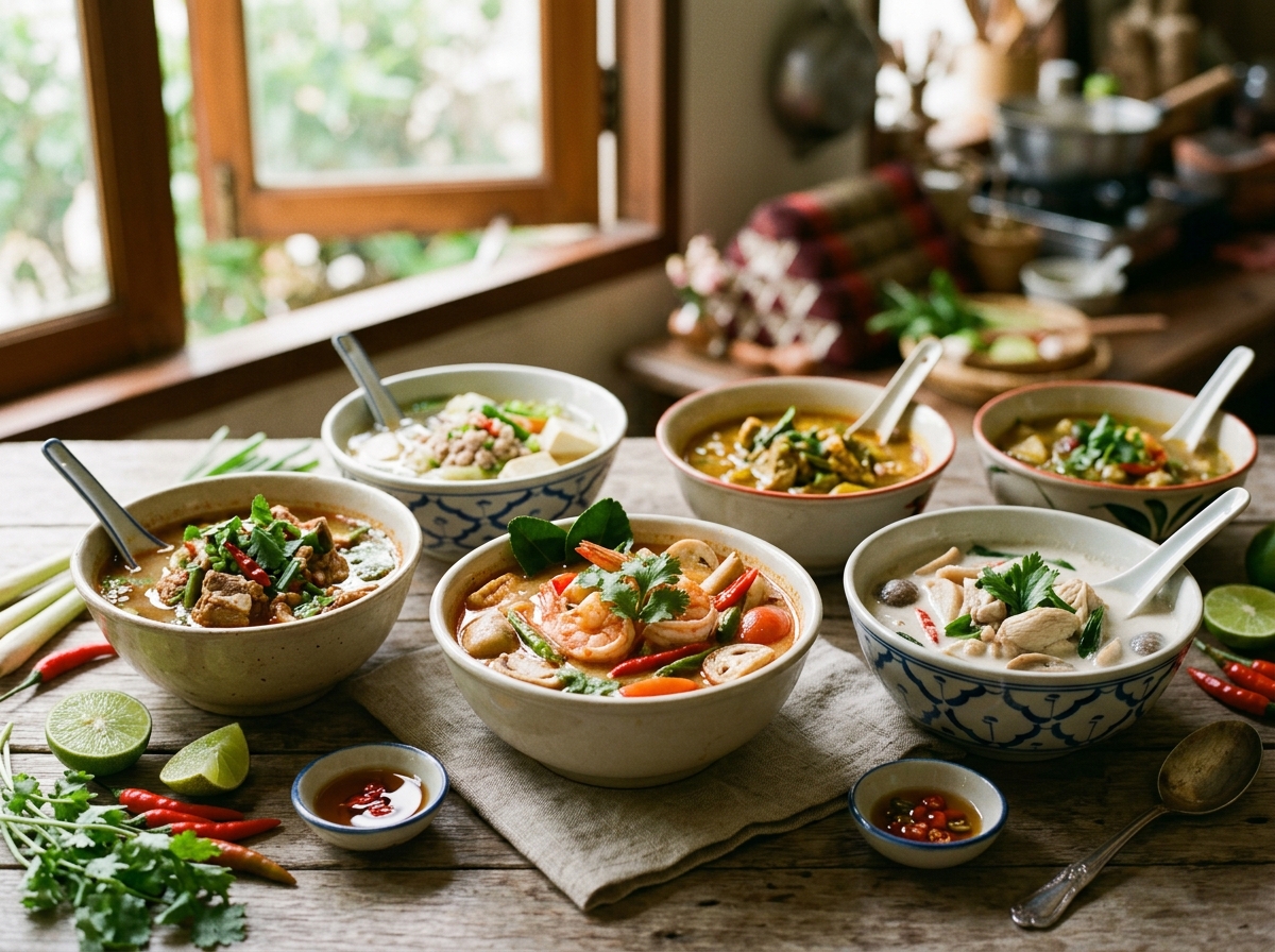 Colorful array of Thai soups ready to serve