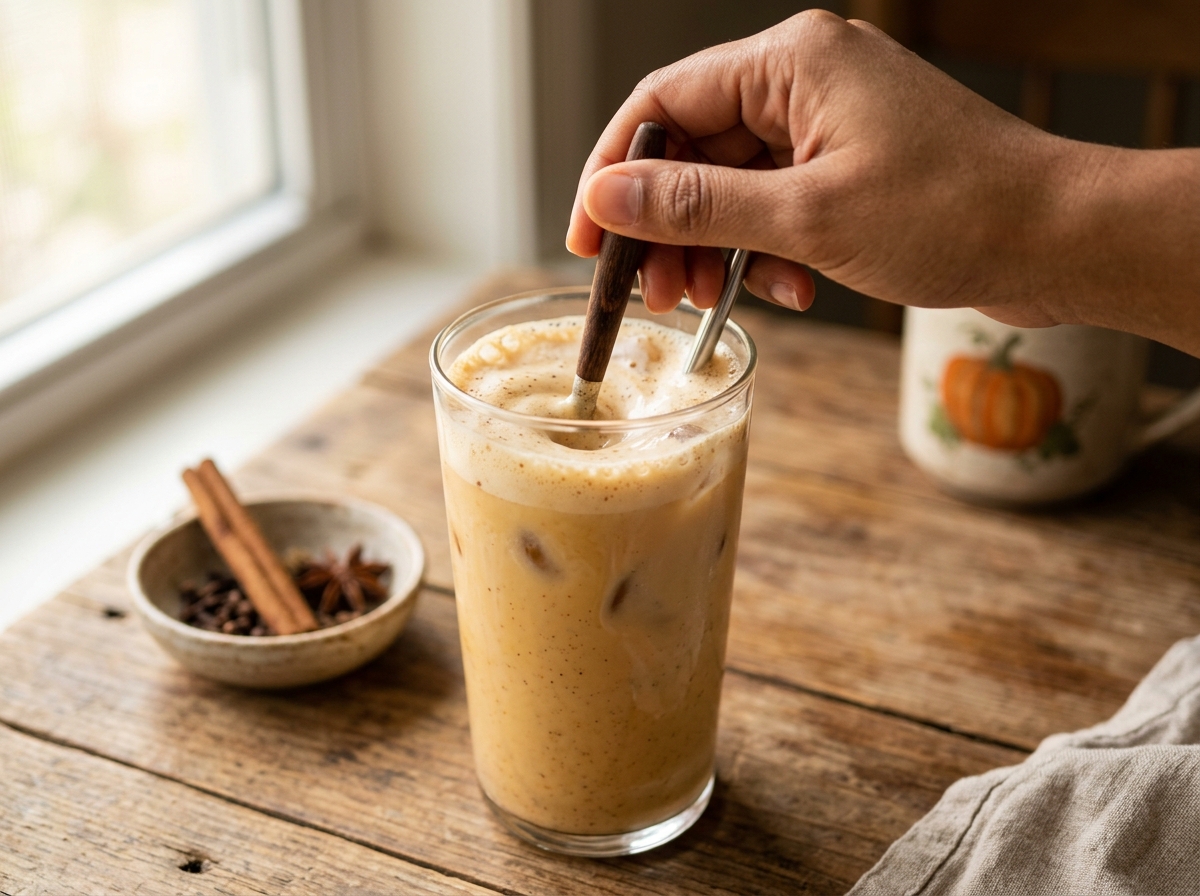 Blended pumpkin latte mixture being poured over ice