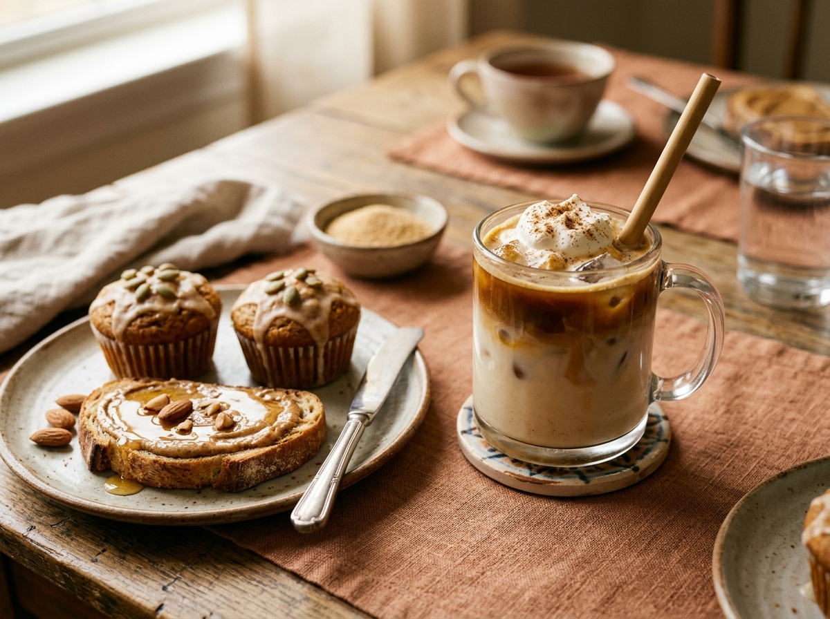 Finished iced pumpkin spice latte with whipped cream and cinnamon