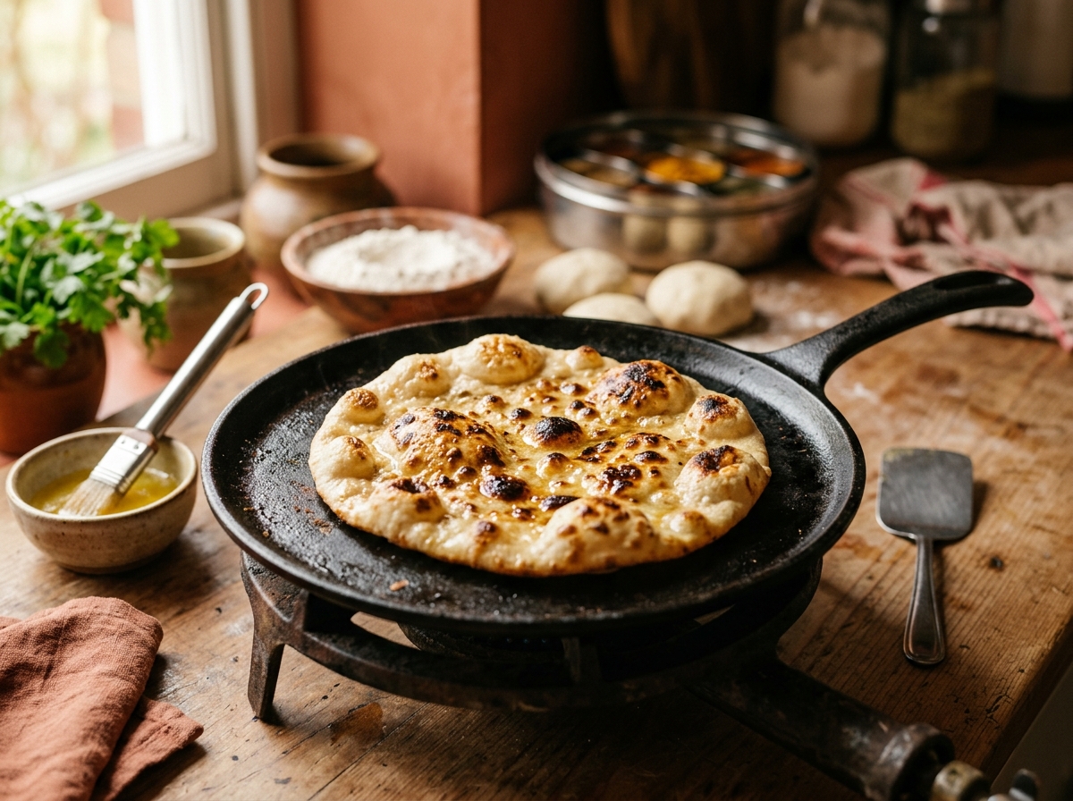 Golden naan bread cooking on hot cast iron with characteristic bubble formation