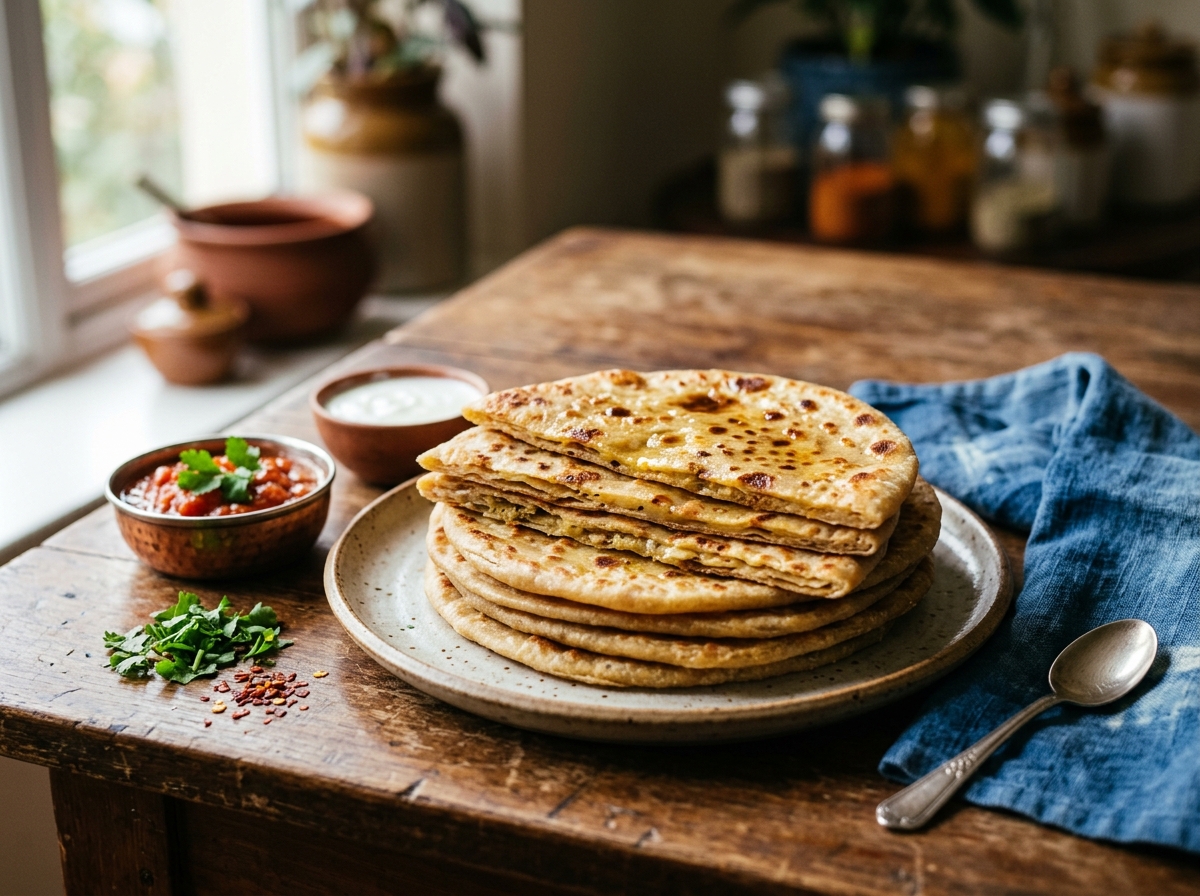 Stack of fresh, warm parathas with visible flaky layers and golden brown spots