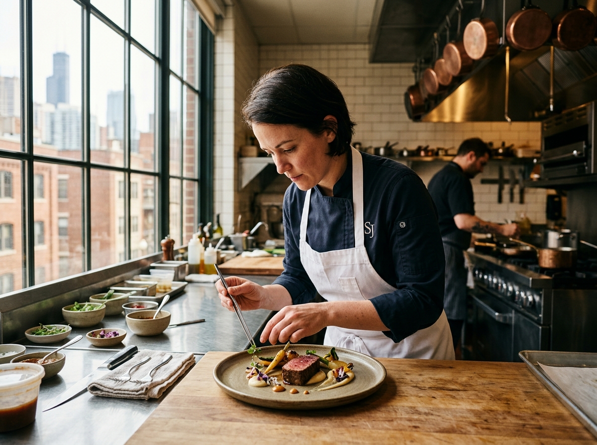 Chef plating intricate dish in Michelin star kitchen