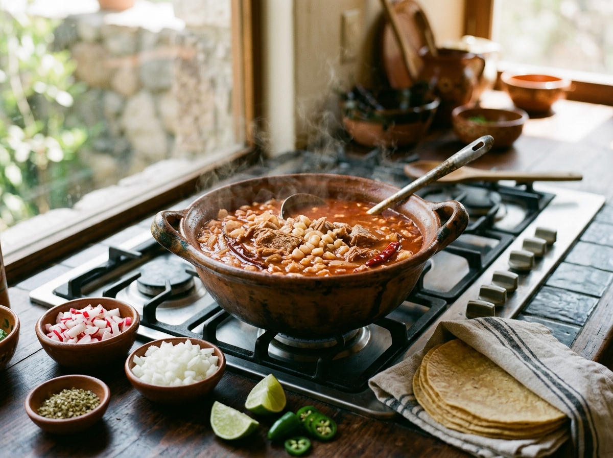 Traditional pozole rojo simmering with pork and hominy