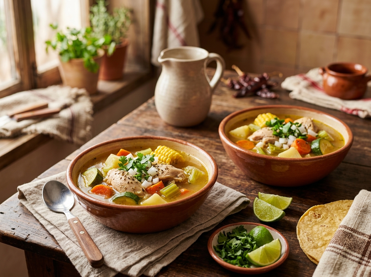 Bowls of caldo de pollo with vegetables and fresh lime