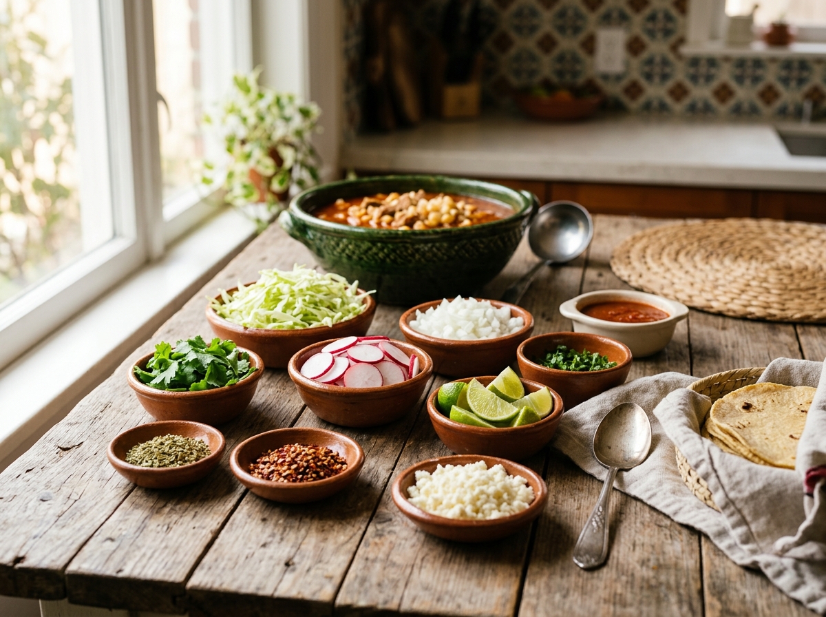 Array of traditional Mexican soup garnishes and accompaniments