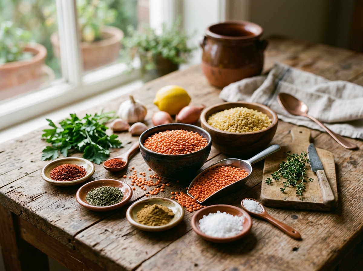Traditional Turkish soup ingredients including red lentils, bulgur, and aromatic spices