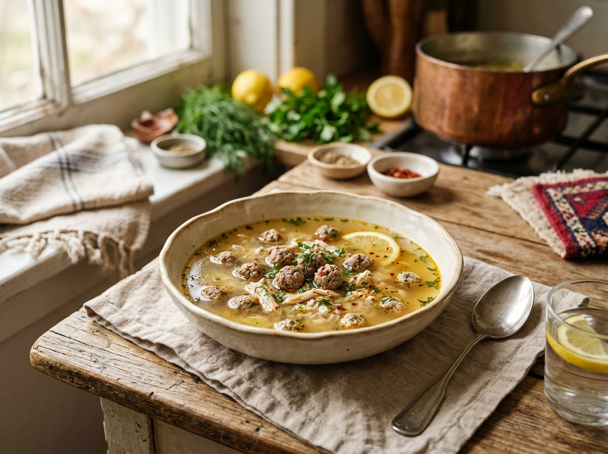 Elegant wedding soup with delicate meatballs in clear lemony broth