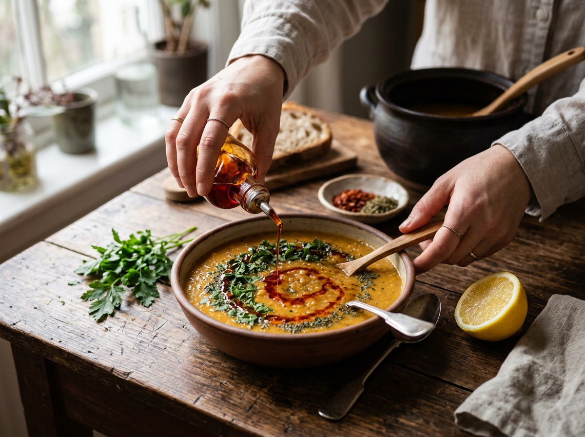Final garnishing of Turkish soup with herbs, paprika oil, and lemon