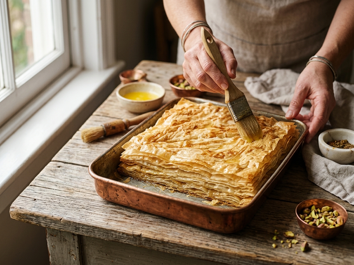 Layers of crispy phyllo pastry brushed with clarified butter
