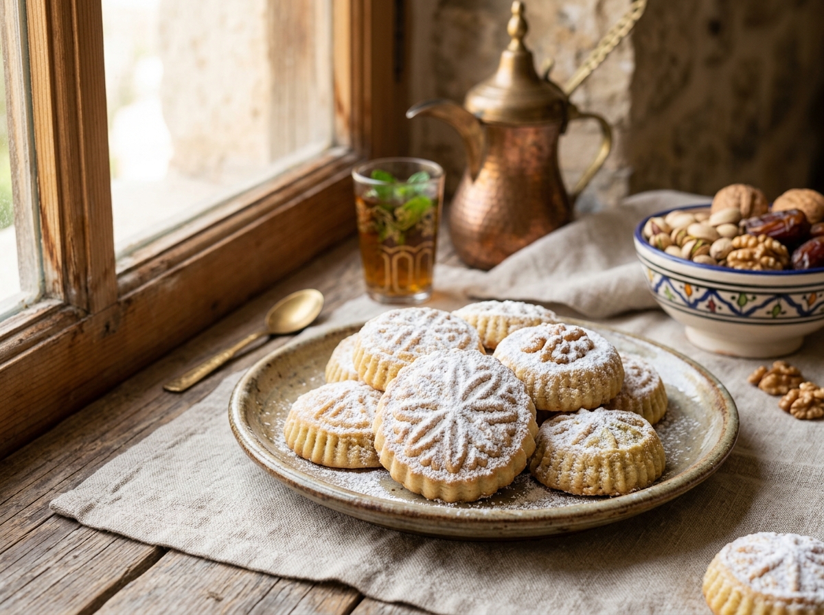 Ma'amoul cookies dusted with powdered sugar showing intricate mold patterns