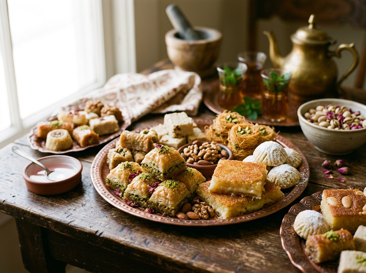 Assorted Middle Eastern sweets arranged on ornate serving platters