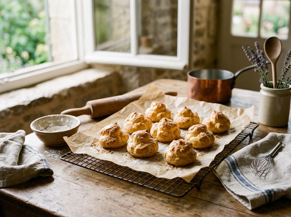 Golden choux pastry shells cooling on parchment paper