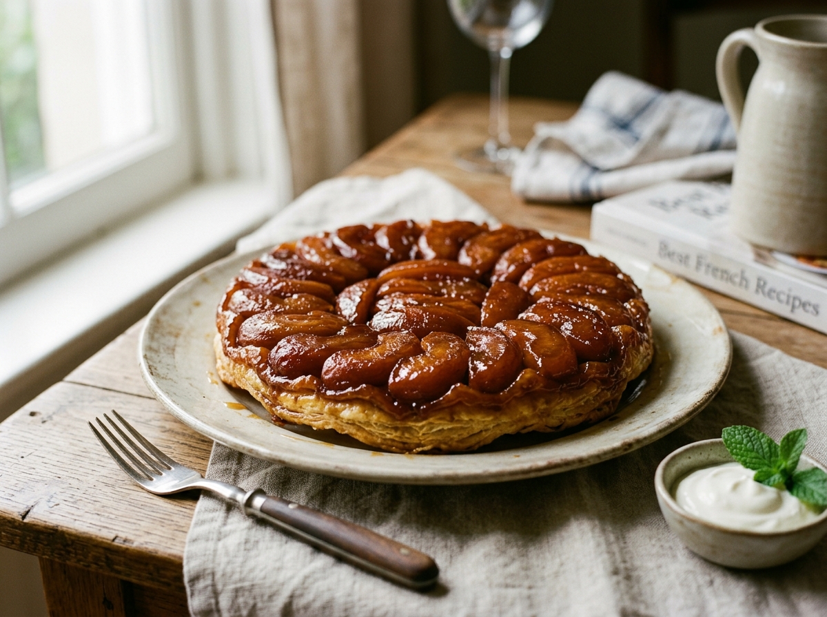 Classic tarte tatin with golden caramelized apples and flaky pastry