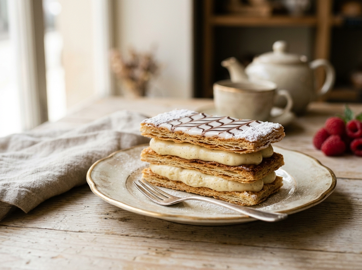 Elegant mille-feuille with layers of puff pastry and vanilla cream
