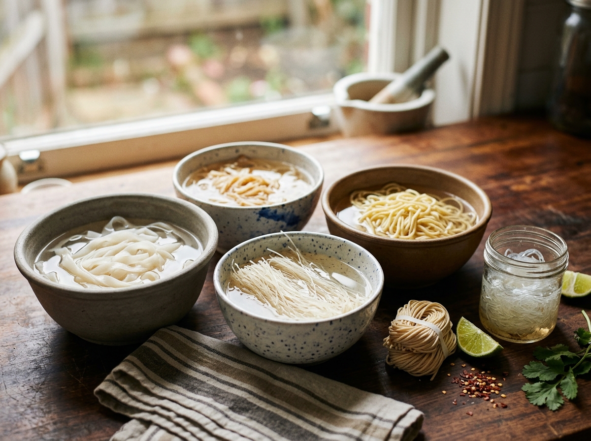 Different types of Thai noodles soaking in bowls of water