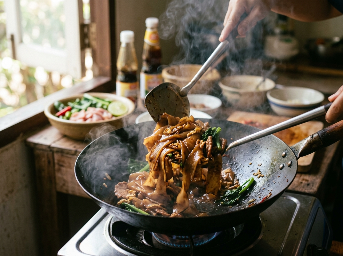 Wide rice noodles stir-frying in a smoking hot wok with dark soy sauce